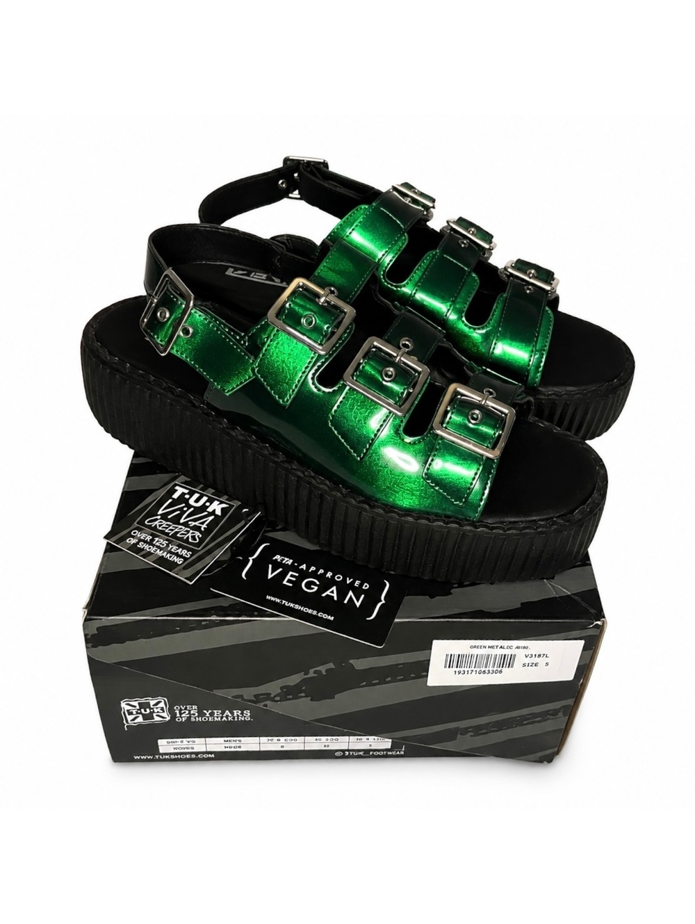 T.U.K. Viva Creepers Green Metallic Platform Sandals Size 9 NWT Vegan